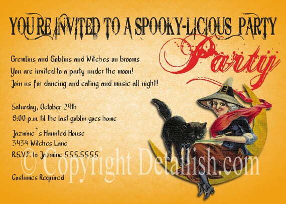 PRINTABLE Halloween Witch Black Cat Party Invitation - Print as many as you need Il_570xn