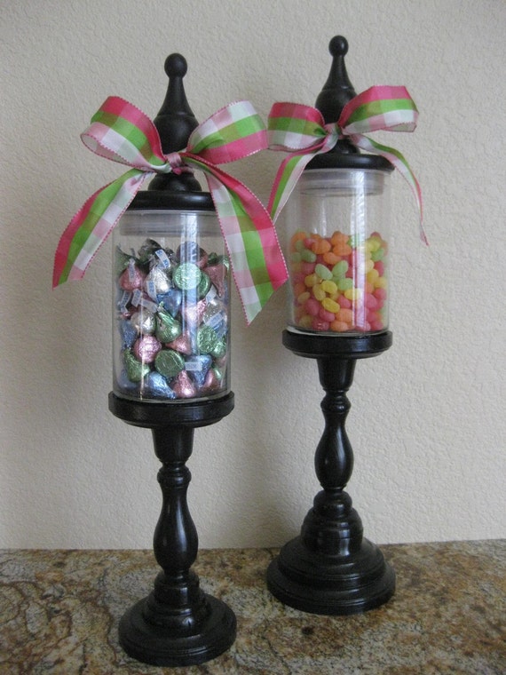 Set of 2 decorative apothecary glass candy jars fill with