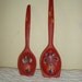 Pair Of Cottage Red Wooden Spoons Tole Ware Blue Flowers