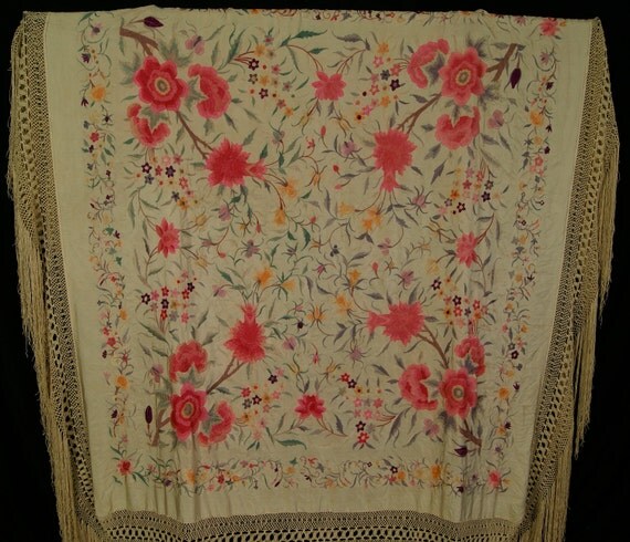 20s Piano Shawl Canton Silk Embroidered 1920s