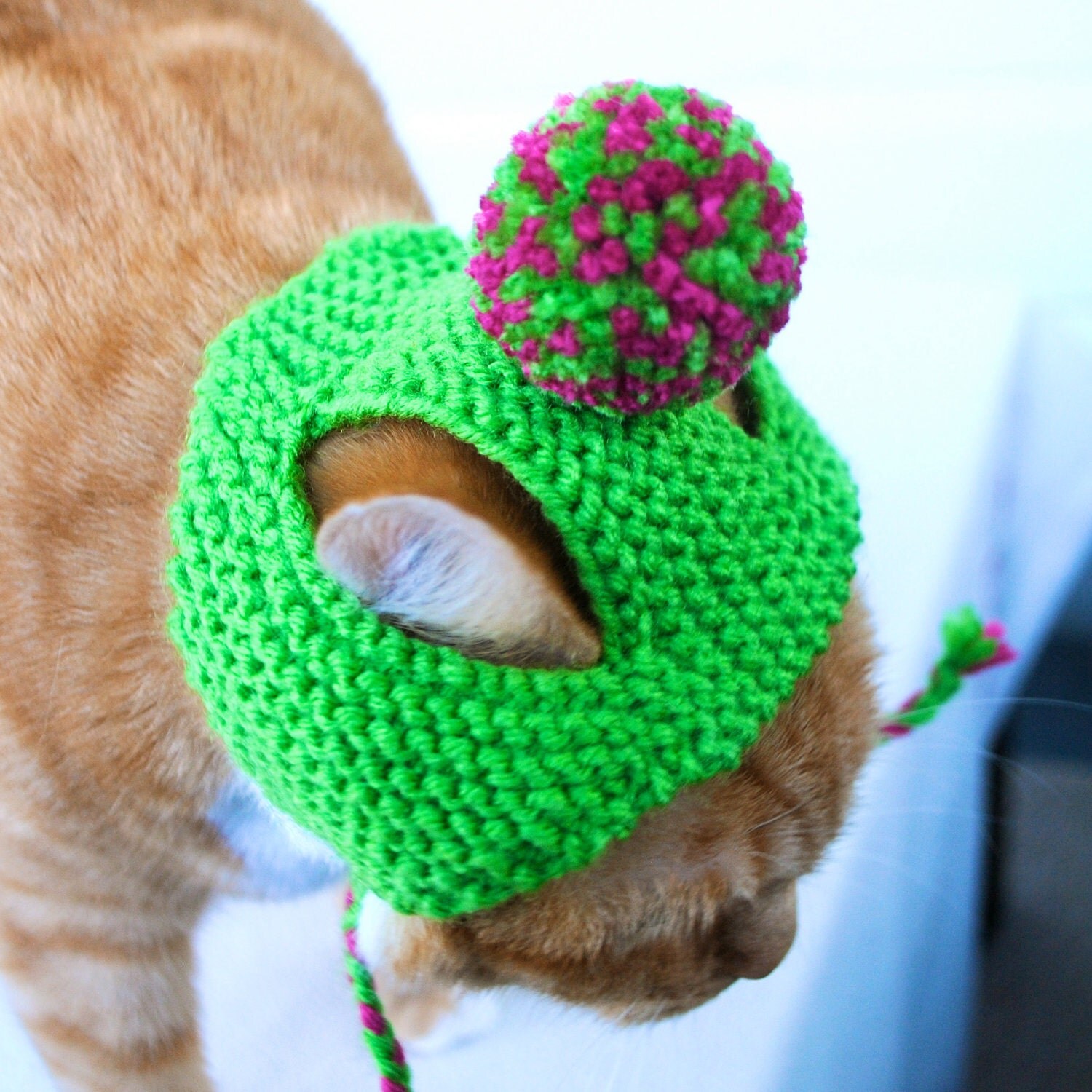 Pom Pom Cat Hat Pink and Lime Green Hand Knit Cat by bitchknits