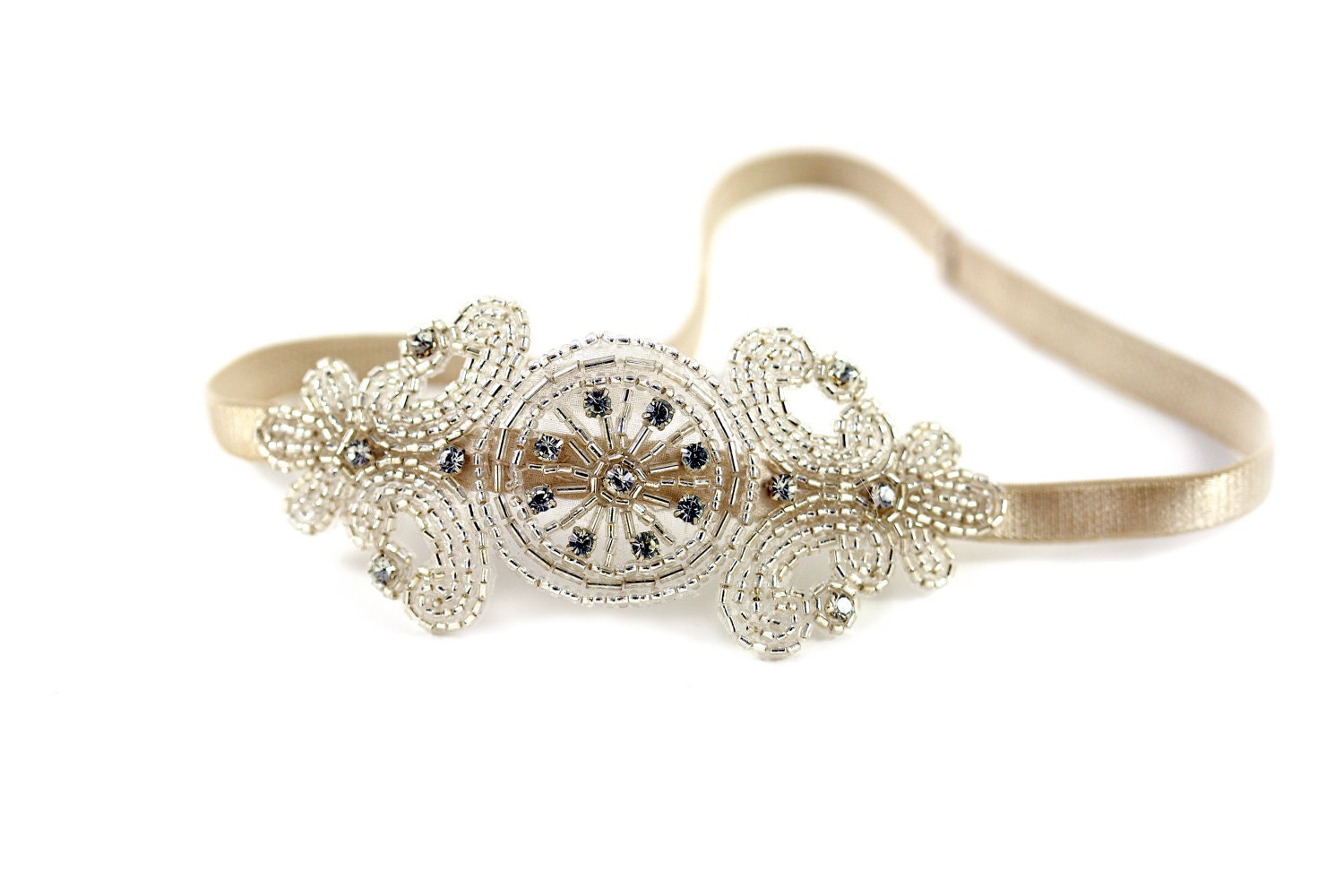 Crystal Hand Beaded Applique Headband Bridal Hair Accessory