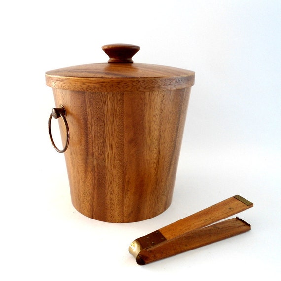 Vintage Mid Century Wood Ice Bucket with Tongs