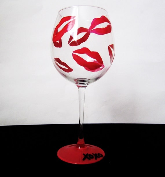 Items similar to Read my Lips Wine glass kisses Red and hot pink