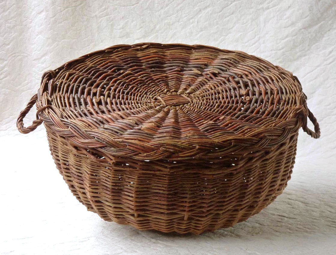 Willow Basket with Lid and Handles rustic storage or a domed