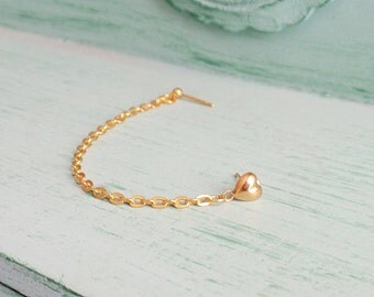Gold Heart Single Chain Double Pierce Cartilage Earring (Single-Side)