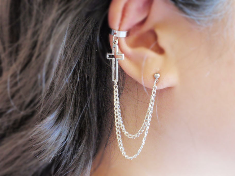 Cross Double Chain Ear Cuff Pair