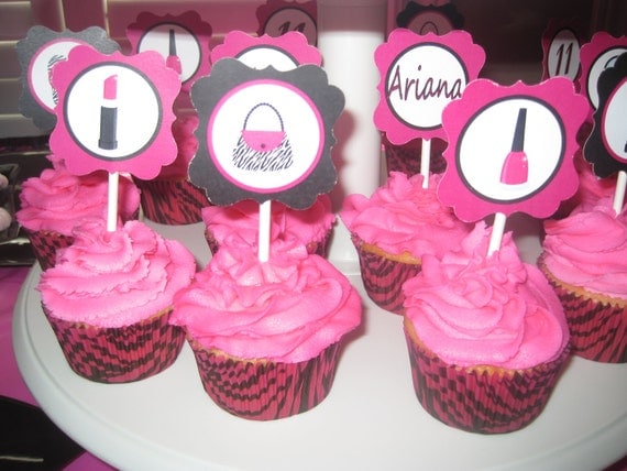 DIVA Hot Pink Zebra Spa Fashionista Printable birthday party Collection cupcake toppers Water bottle labels Il_570xn