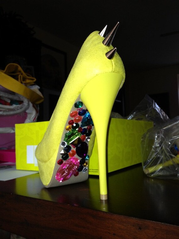 Bright Yellow Patent Leather Pumps with Colorful Gems and