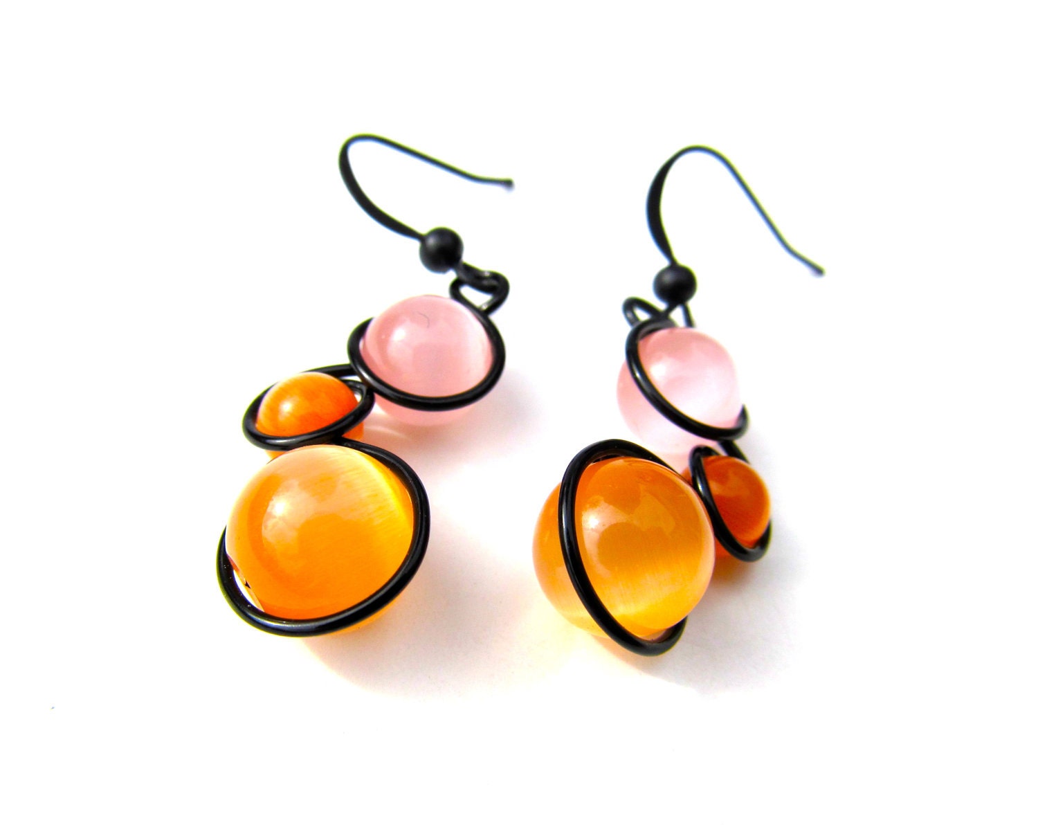 Peach Papaya and Grapefruit Cat's Eye Earrings Wrapped