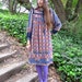 1970s Checkerboard Tapestry Print Dress with Blue Velvet Trim