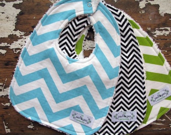 Gender Neutral Baby Bibs - Set of 3 - Chevron Set in Turquoise, Black & Lime Green