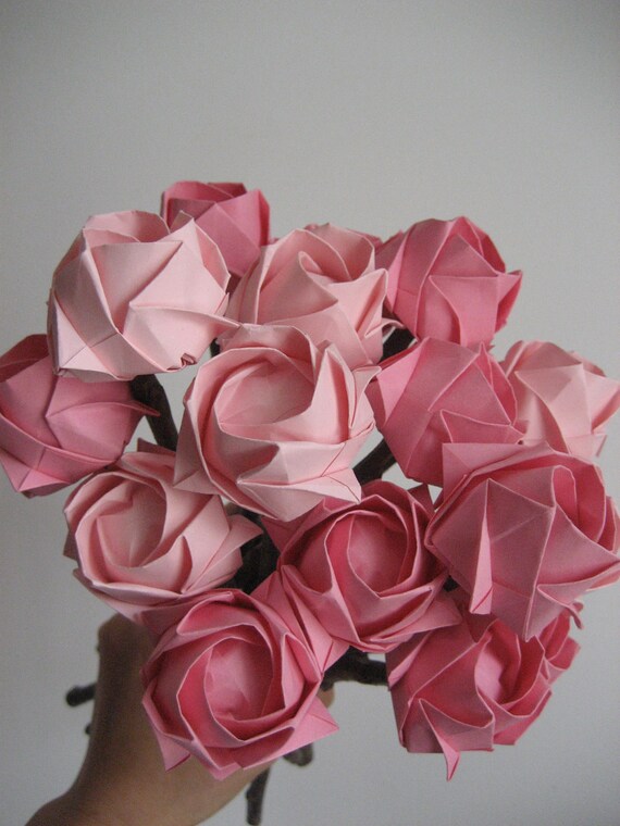 Pink origami roses on natural sticks-rose bouquet 15 stems