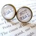 Hunger Games Earrings REAL or NOT REAL Large Post Earrings with Real Vintage Typewriter Text- black white antique bronze stud ear rings