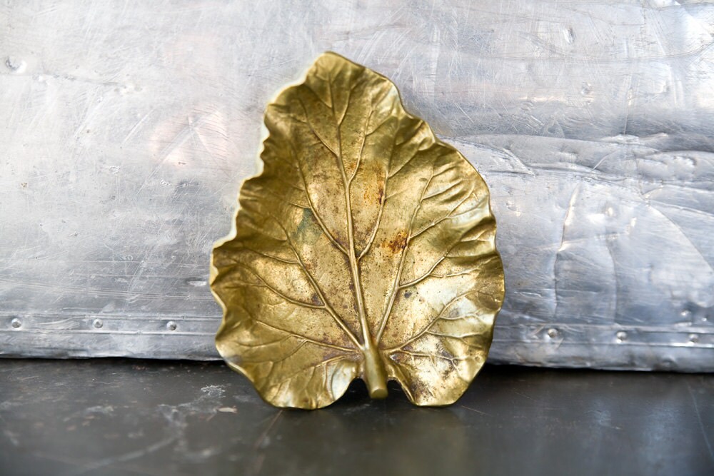 Vintage Brass Leaf Dish Virginia Metalcrafters Rhubarb