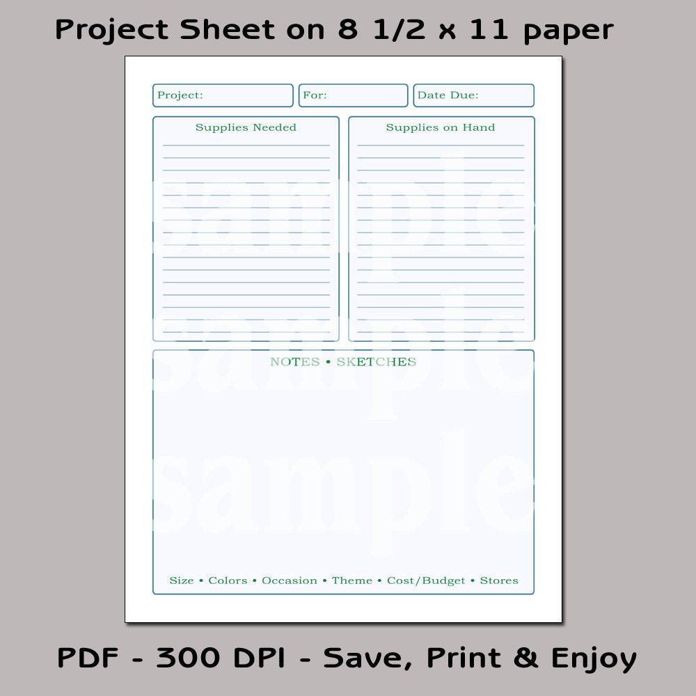 Printable Project Sheet &amp; Planner Blue Green comes with