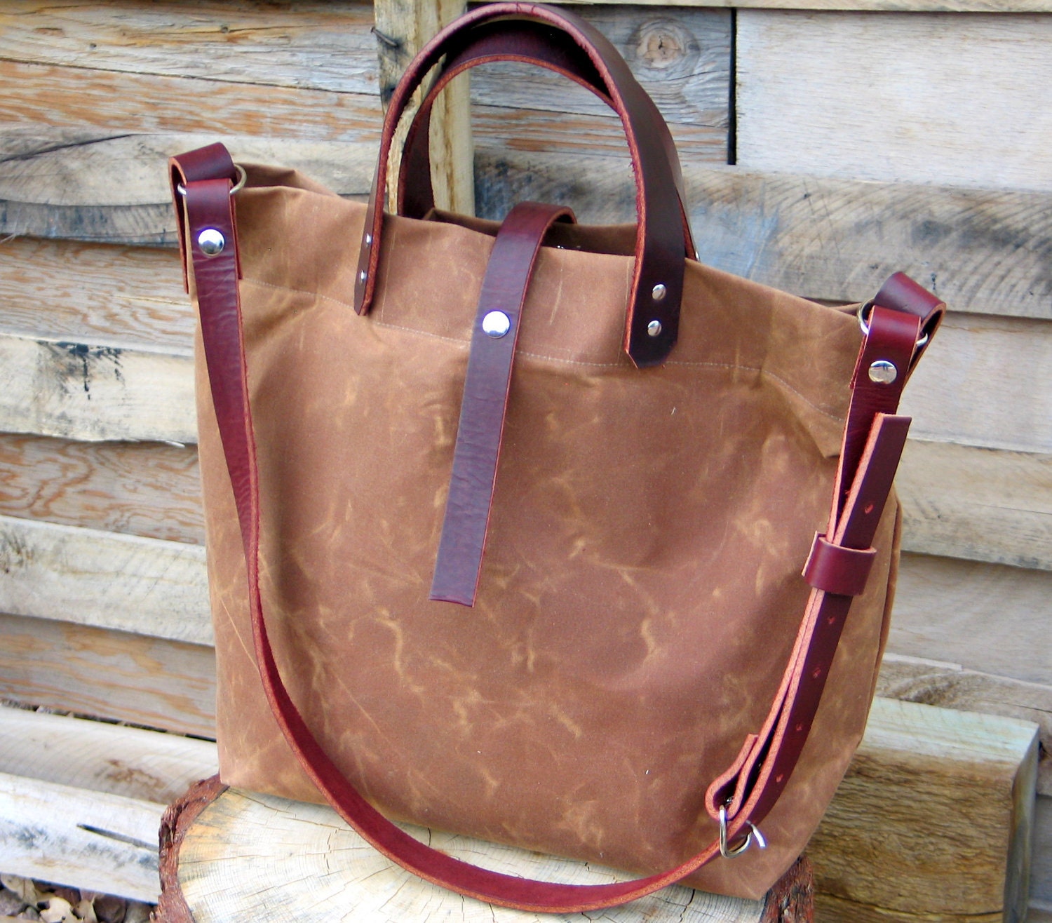 Waxed Canvas Tote with Leather Handles and Detachable by Zakken