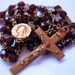 FREE SHIPPING in the US: Vintage Red and Gold Rosary with Faceted Glass Beads, Brown Leather Case