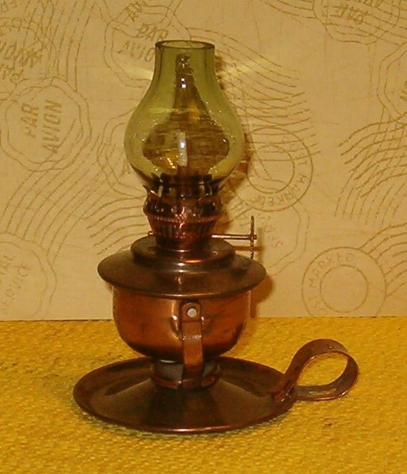 Vintage Copper Miniature Oil Lamp w Pale Green Glass Hurricane