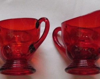 Vintage Festive Ind. Creamer & Sugar by New Martinsville Glass Ruby Red Moondrop Pattern - FREE SHIPPING