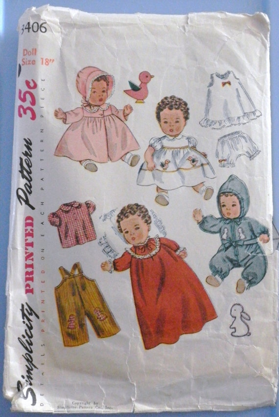 1951 Simplicity 18 inch Baby Doll Clothes Pattern 3406 by linbot1