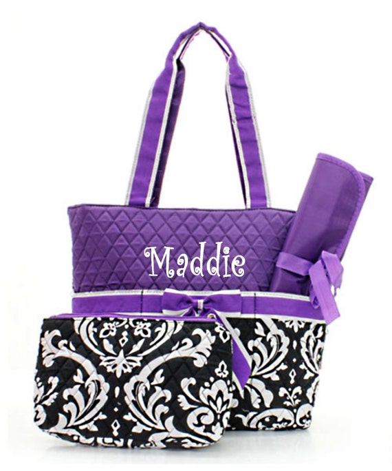 Personalized Diaper Bag Damask & Purple Diaperbag Set