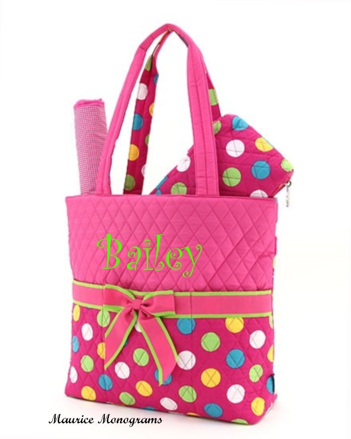 Personalized Baby Girl Diaper Bag Set 3pc set Hot pink polka