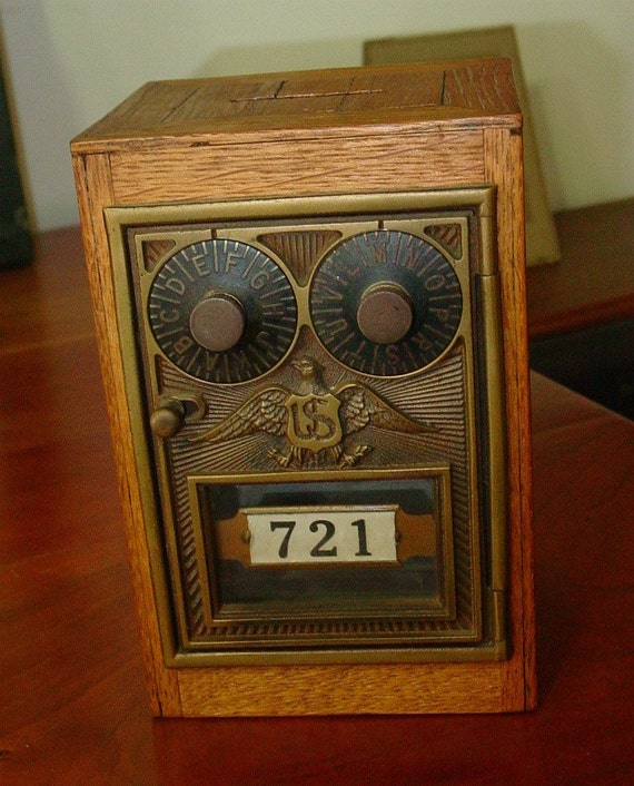 Antique Combination US Post Office Box in Handmade Wood Bank