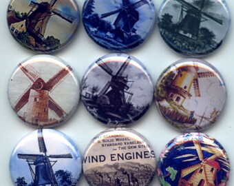 WINDMILLS DUTCH Holland 9 Pinback 1" Buttons Badges Pins