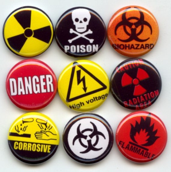 WARNING DANGER Signs Symbols 9 Pinback 1 Buttons Badges