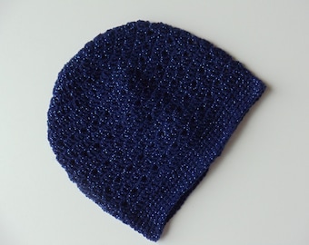 Blue Crochet Beanie Very Light Weight Blue Crochet Hat Blue Sparkle Hat (HAT103 Sapphire)