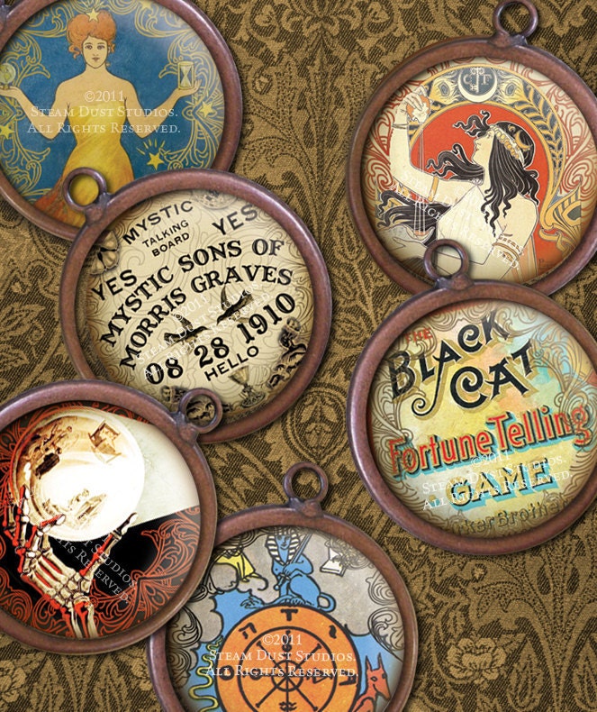1 inch Circles - Victorian Mystic Ouija Crystal Ball Fortune-Teller Steampunk Digital Collage Sheet