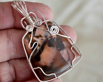 Wire wrapped Jasper stone pendant. sterling silver. Pink brown black.