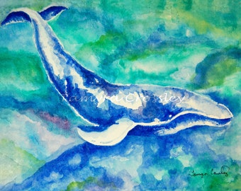 Blue Whale Watercolor Fine Art Print by Artist Tamyra Crossley.