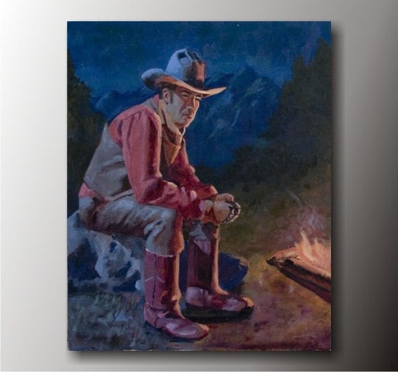 Items similar to Original Cowboy Oil Painting "Campfire", Western