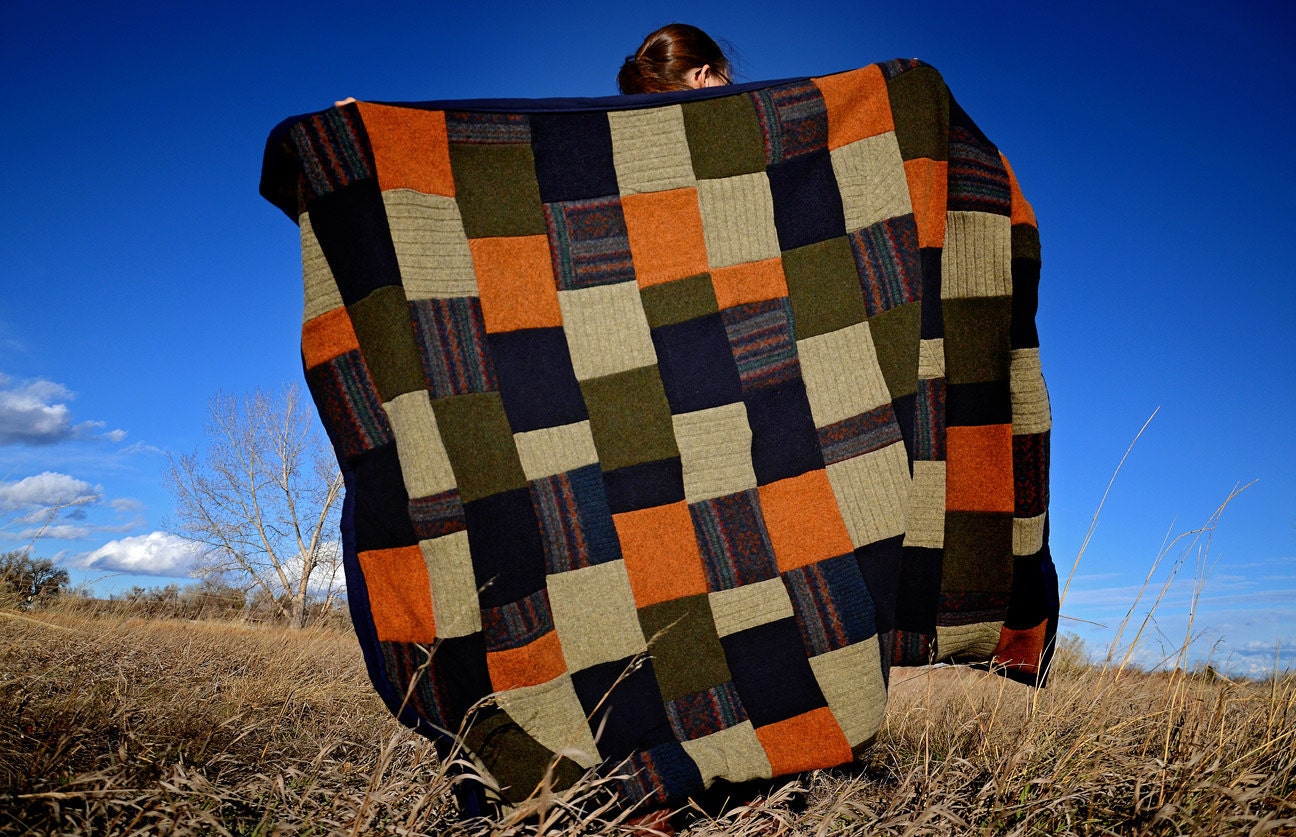 Upcycled Recycled Felted Sweater Blanket in Green Blue