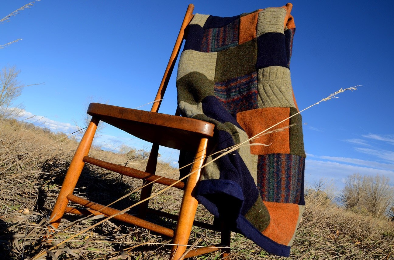 Upcycled Recycled Felted Sweater Blanket in Green Blue