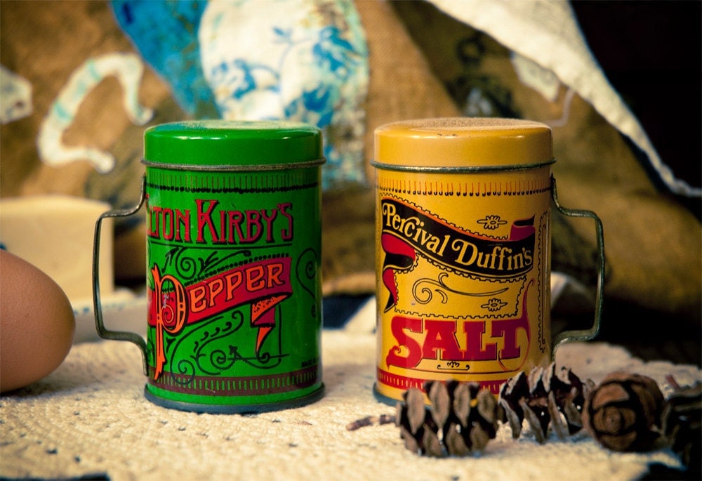 Vintage Tin Salt & Pepper Shakers with Handles advertising