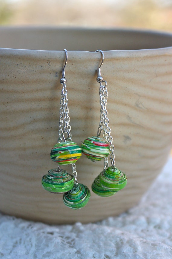 Green Recycled Paper Earrings by on Etsy