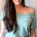 Seafoam Off Shoulder Tshirt, Chevron, zig zag pocket, (women, teen girl) FREE SHIPPING