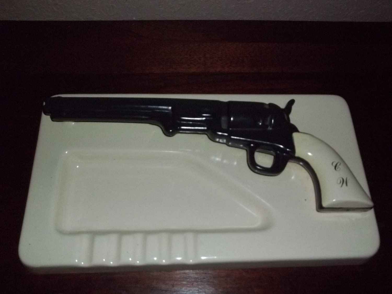 Ceramic Pistol Ashtray Initials C W on Butt of Pistol