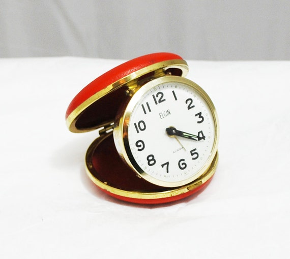 Vintage 60s Red Elgin Travel Alarm Clock Folding Wind Up