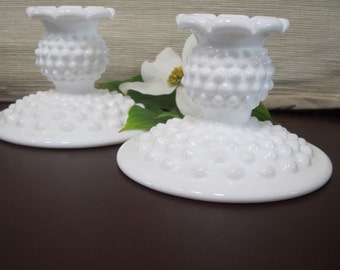 Vintage Hobnail Milk Glass Candlestick Holders, A Set of 2 by Fenton - Wedding Decor - Home Decor
