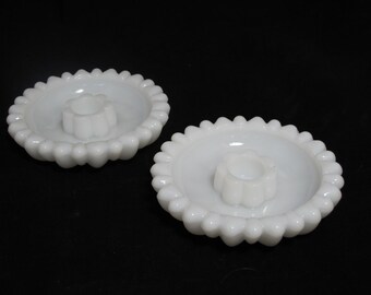 Vintage Daisy Milk Glass Candlestick Holders, Set of 2, Wedding Decor Centerpiece