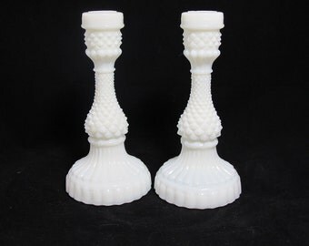 Set of Vintage English Hobnail Milk Glass Candlestick Holders