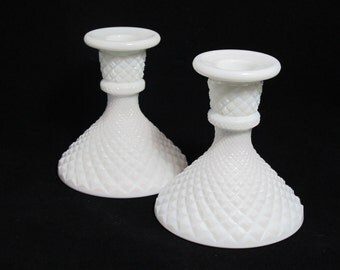 Vintage White Milk Glass English Hobnail Candlestick Holders by Westmoreland