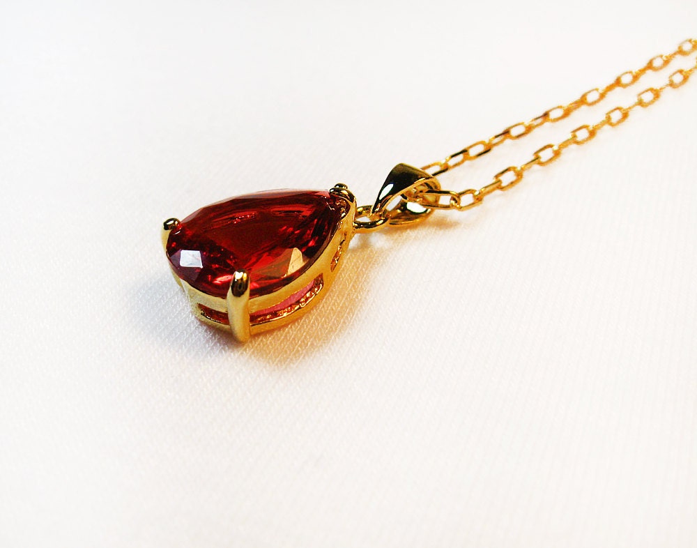 18K Gold Plated Necklace Chain with Heart Pendant Red Sapphire