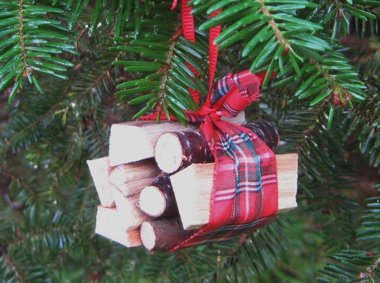 Boxed set of 4 Handmade Miniature Firewood bundle Christmas Ornaments