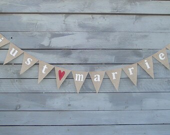 just married burlap banner with red glittered heart