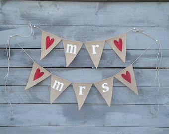 Mr and Mrs Burlap Banners with Red Glittered Hearts